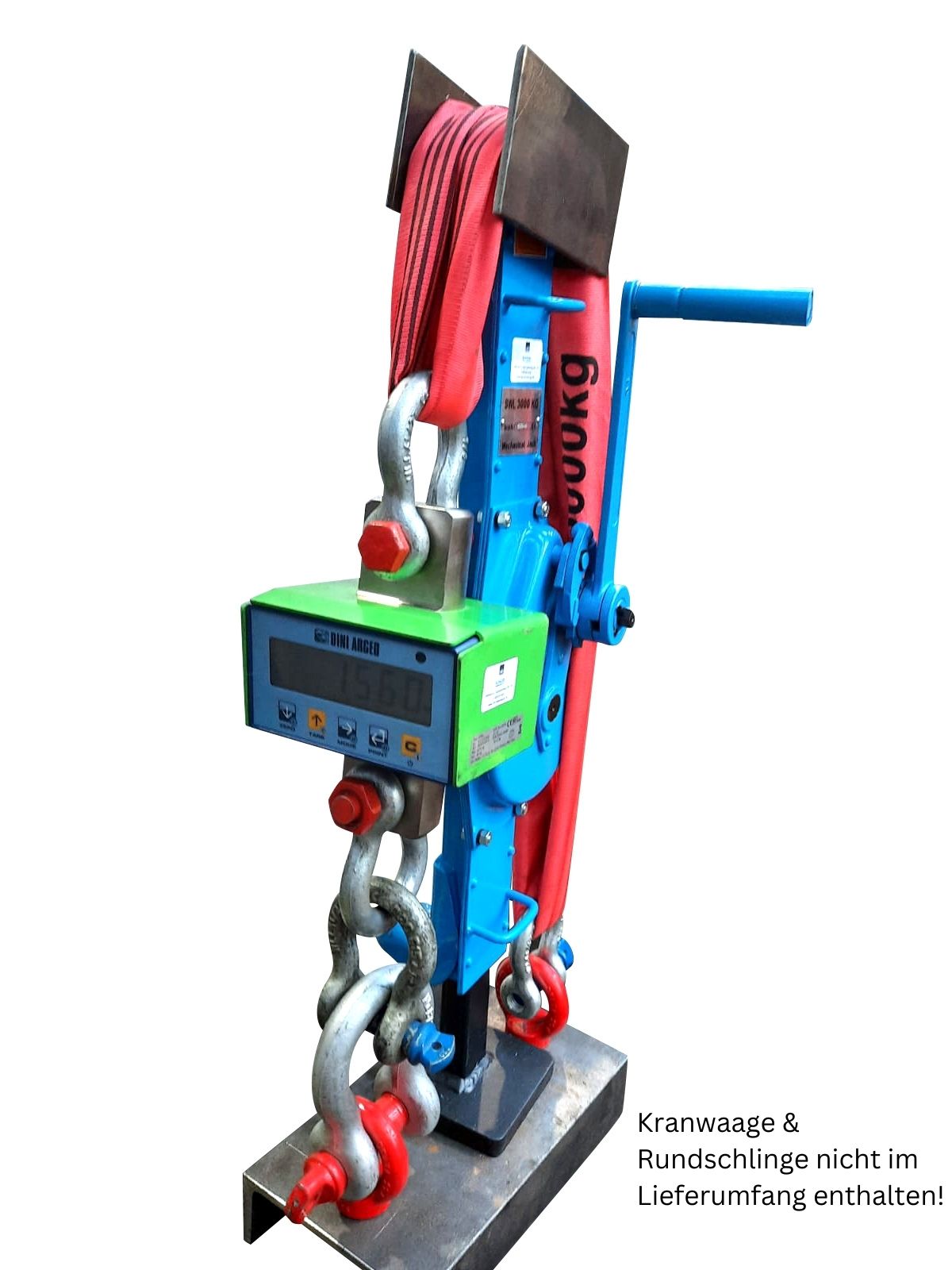 Prüfmittel Stahlwinde / Stockwinde (im Versuchsbetrieb; Waage, Winde & Rundschlinge nicht im Artikel)